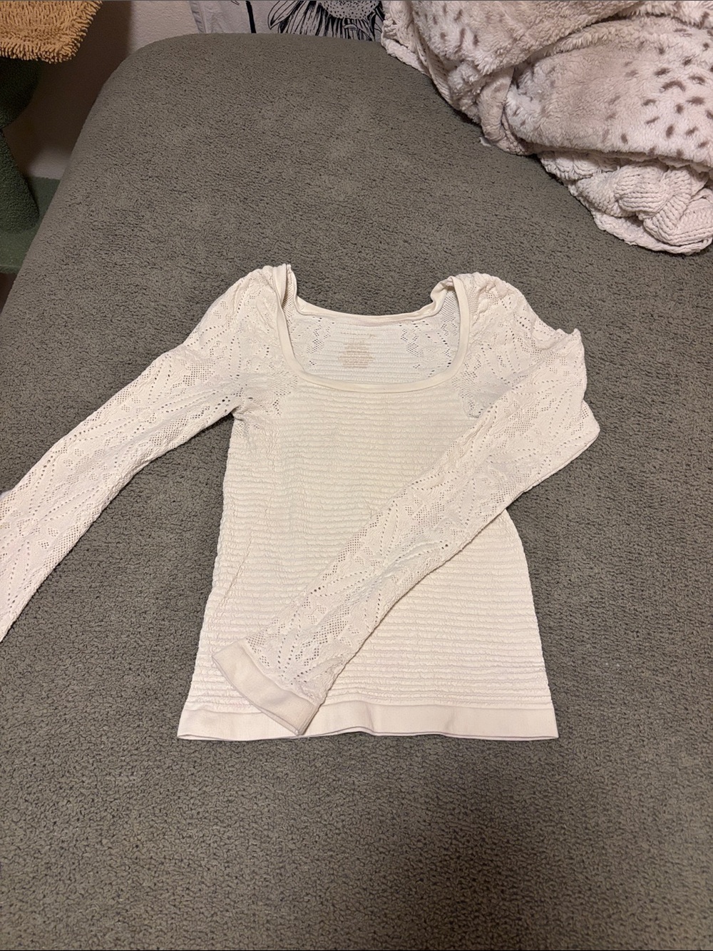 Free People “So Many Likes Long Sleeve” Cream Crochet Long Sleeve Scoop Neck Top